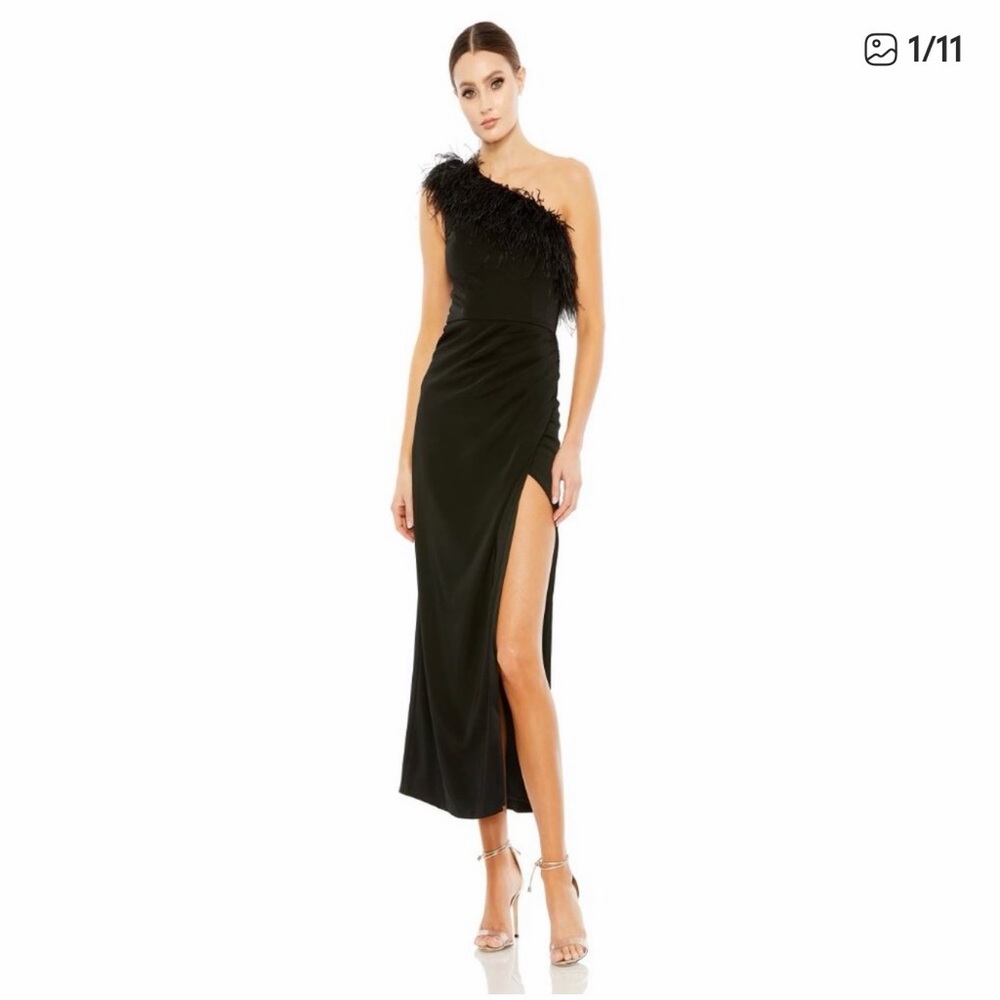 Elegant One-Shoulder Black Feather-Trim Midi Dress - Picture 6 of 7